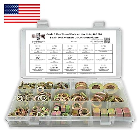 Boltsandnuts.Com Grade 8 Fine Thread Finished Hex Nuts, SAE Flat & Split Lock Wshrs  Hardware Assortment - 351 Pcs Assortment Kit #487